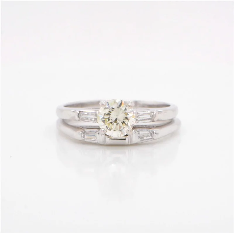 Women’s round diamond engagement rings-14K White Gold Round Diamond Ring with Baguette Diamonds