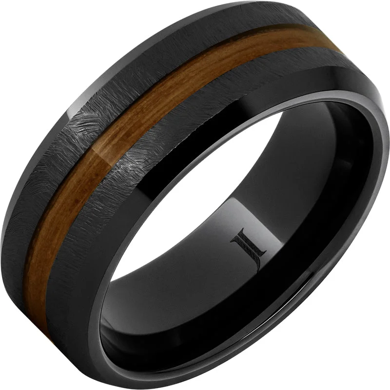 Women’s matching wedding rings-Barrel Aged™ Black Diamond Ceramic™ Ring with Rye Whiskey Wood Inlay