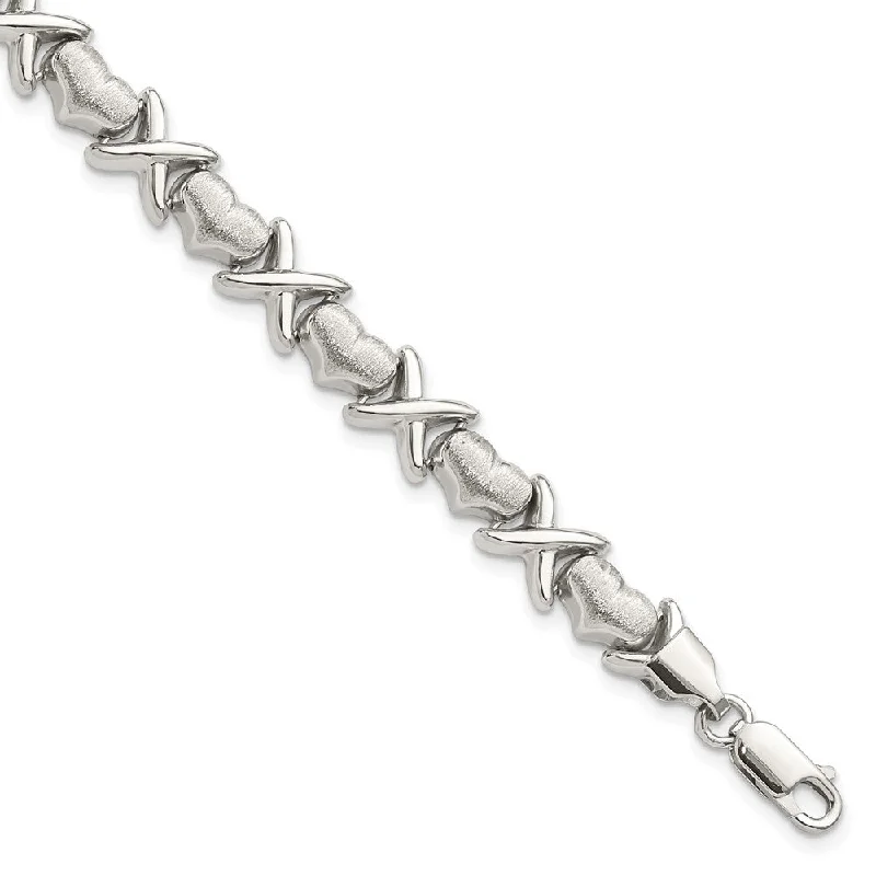 Women’s layered bracelets-Sterling Silver Polished and Satin X and Hearts Bracelet-WBC-QG3311-8