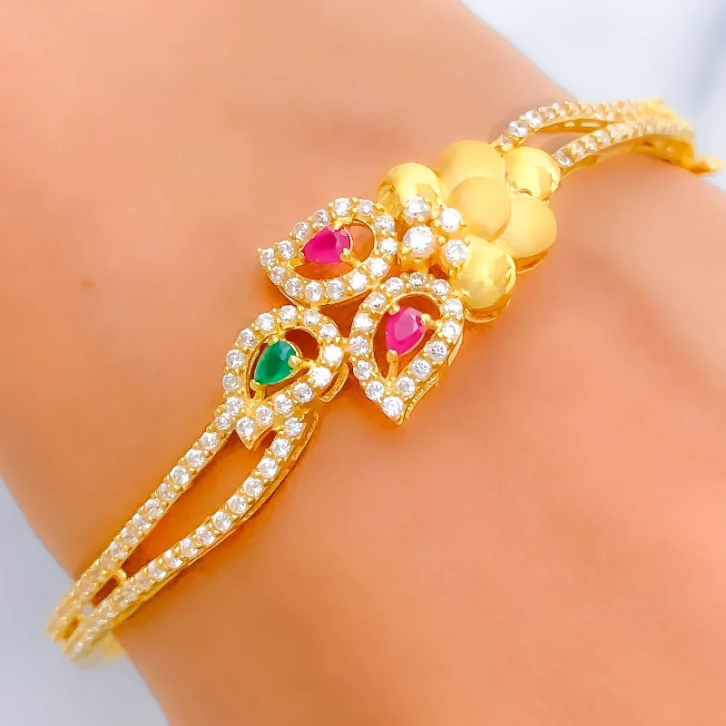 Women’s charm bracelets-Lavish Floral Paisley 22k Gold CZ Bangle Bracelet