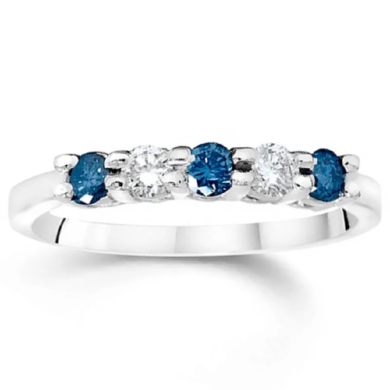 Women’s solitaire engagement rings-3/4Ct Blue & White Diamond Five Stone Wedding Ring in White Gold