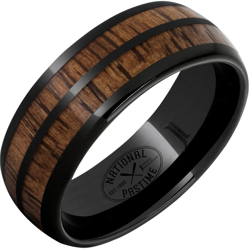 Women’s emerald rings-National Pastime Collection™ Black Diamond Ceramic™ Dome Ring with Vintage Hickory Baseball Bat Wood Inlays