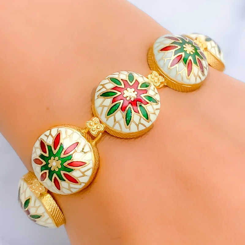 Women’s adjustable leather bracelets-Vibrant Floral 22k Gold Meenakari Bracelet