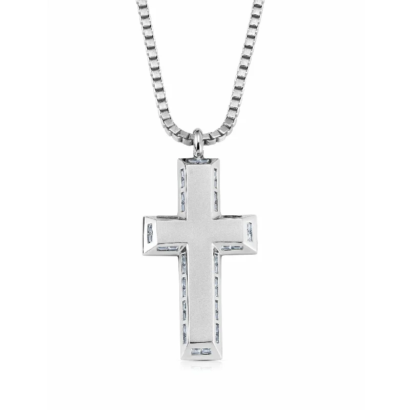 Women’s circle necklaces-CRISLU Mens Matte Box Chain Cross Necklace with Baguette CZ Finished in Pure Platinum