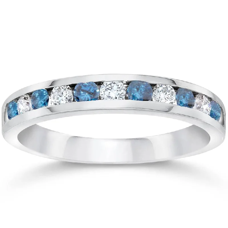 Women’s wedding engagement rings-1/2ct Blue & White Diamond Channel Set Wedding Ring 14K White Gold Size Selectable