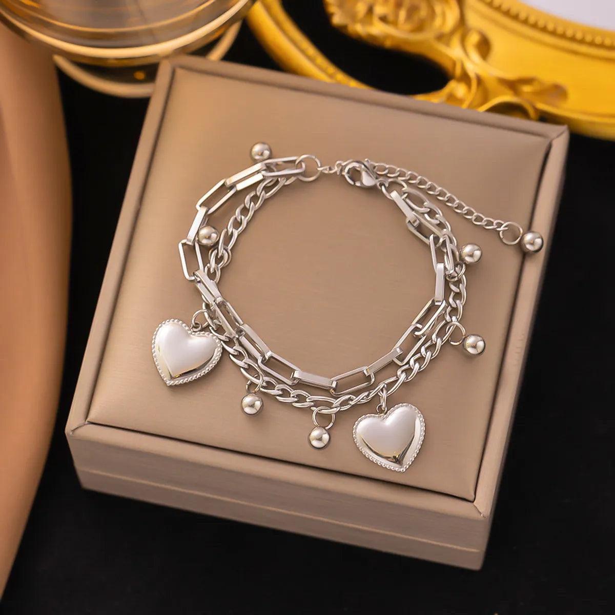 3 [Ae252] Double-Layer Heart-Shaped Bracelet Steel Color