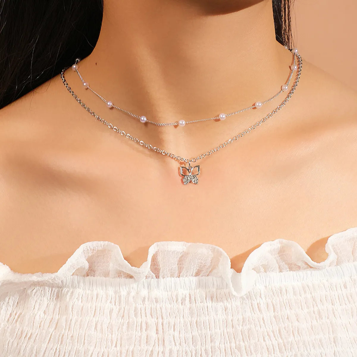 Women’s simple chain necklaces-1 Piece Fashion Butterfly Imitation Pearl Alloy Plating Women's Layered Necklaces