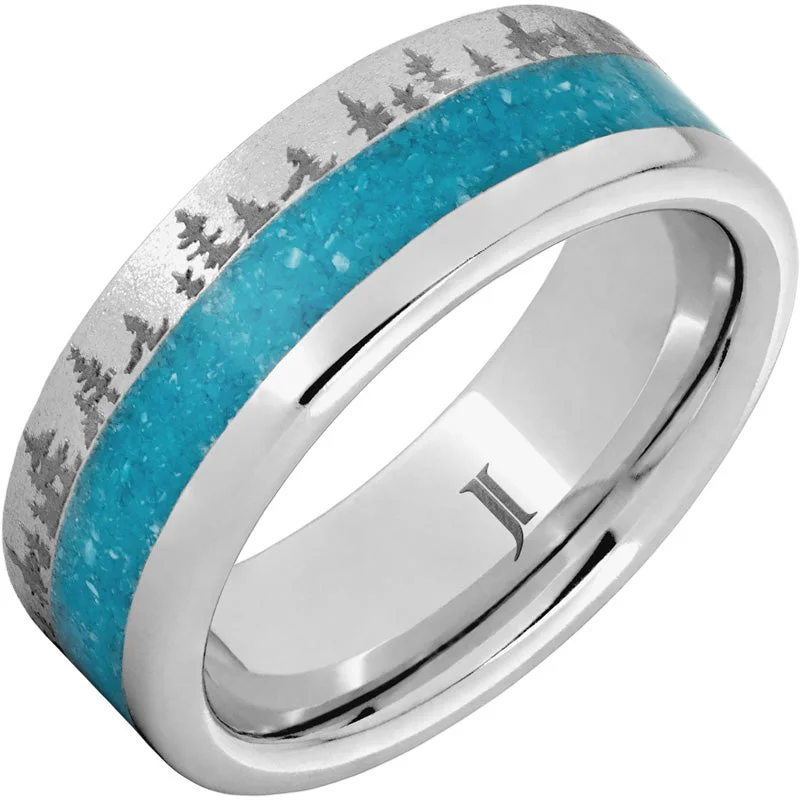 Women’s gold stackable rings-Serinium® Ring with Crushed Turquoise Inlay, Pine Forest Engraving and Stone Finish