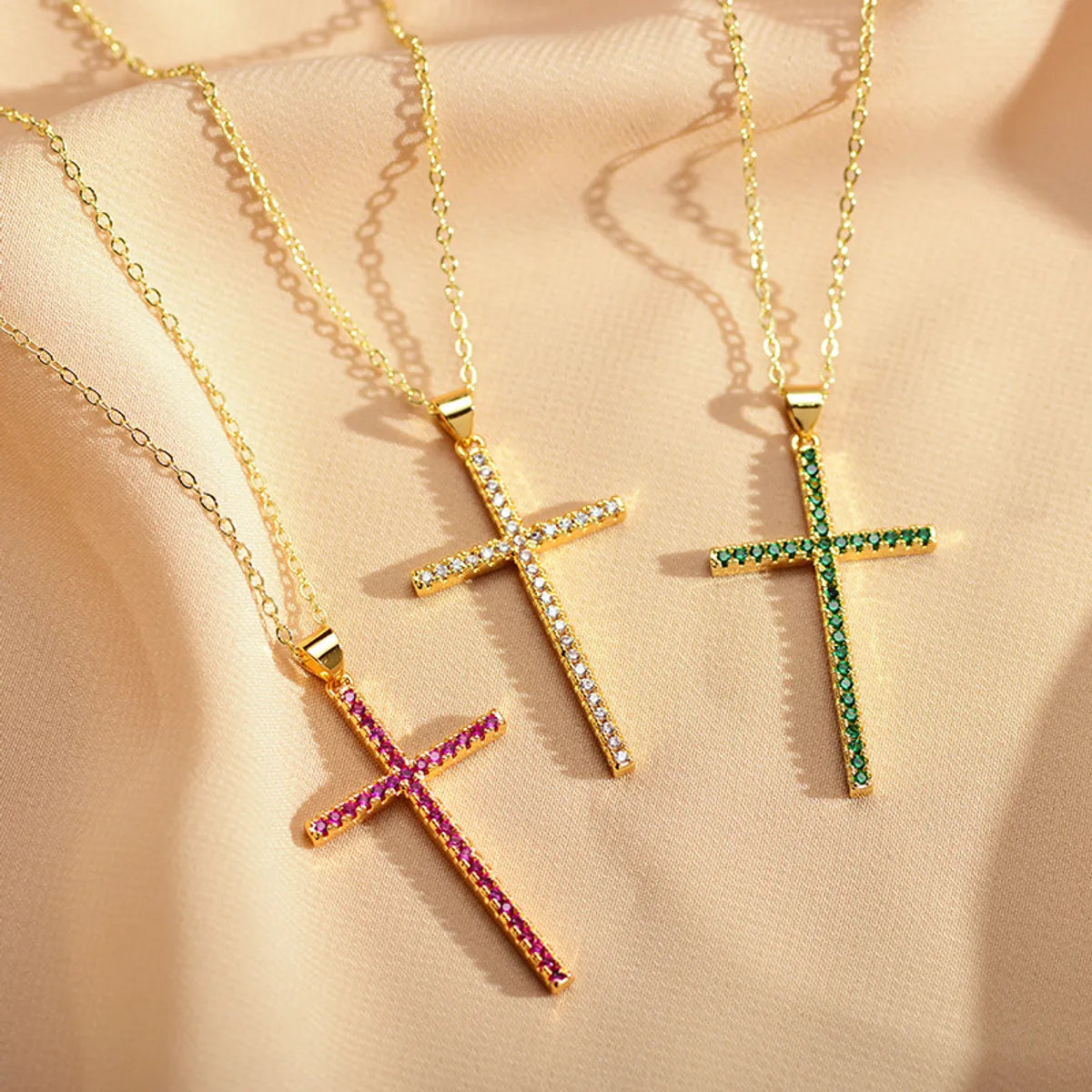 Women’s pendant necklaces-Fashion Cross Copper Gold Plated Zircon Necklace 1 Piece