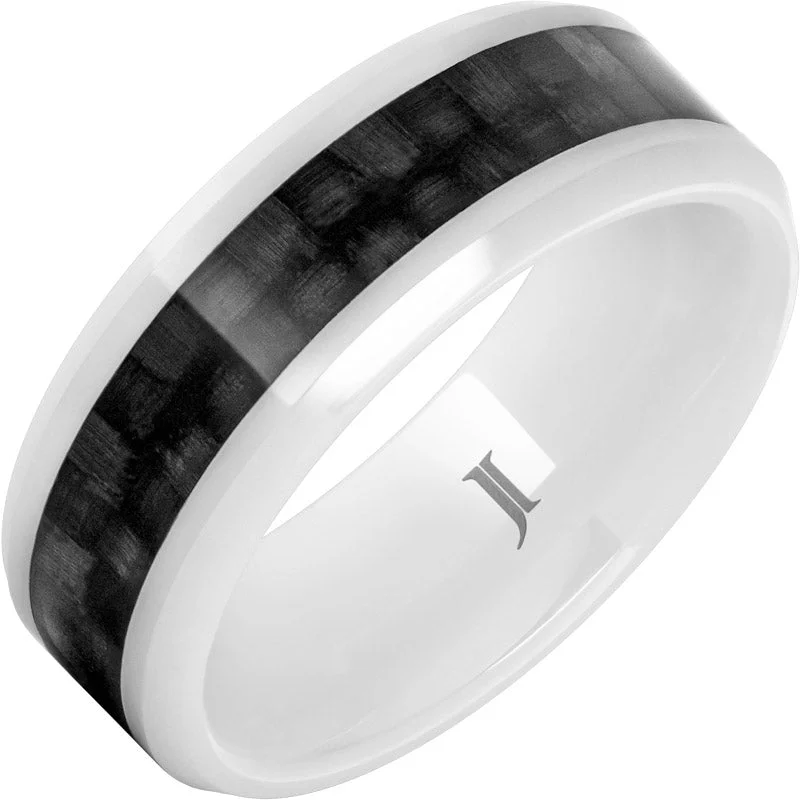 Women’s adjustable gold rings-White Ceramic Ring with Black Carbon Fiber Inlay