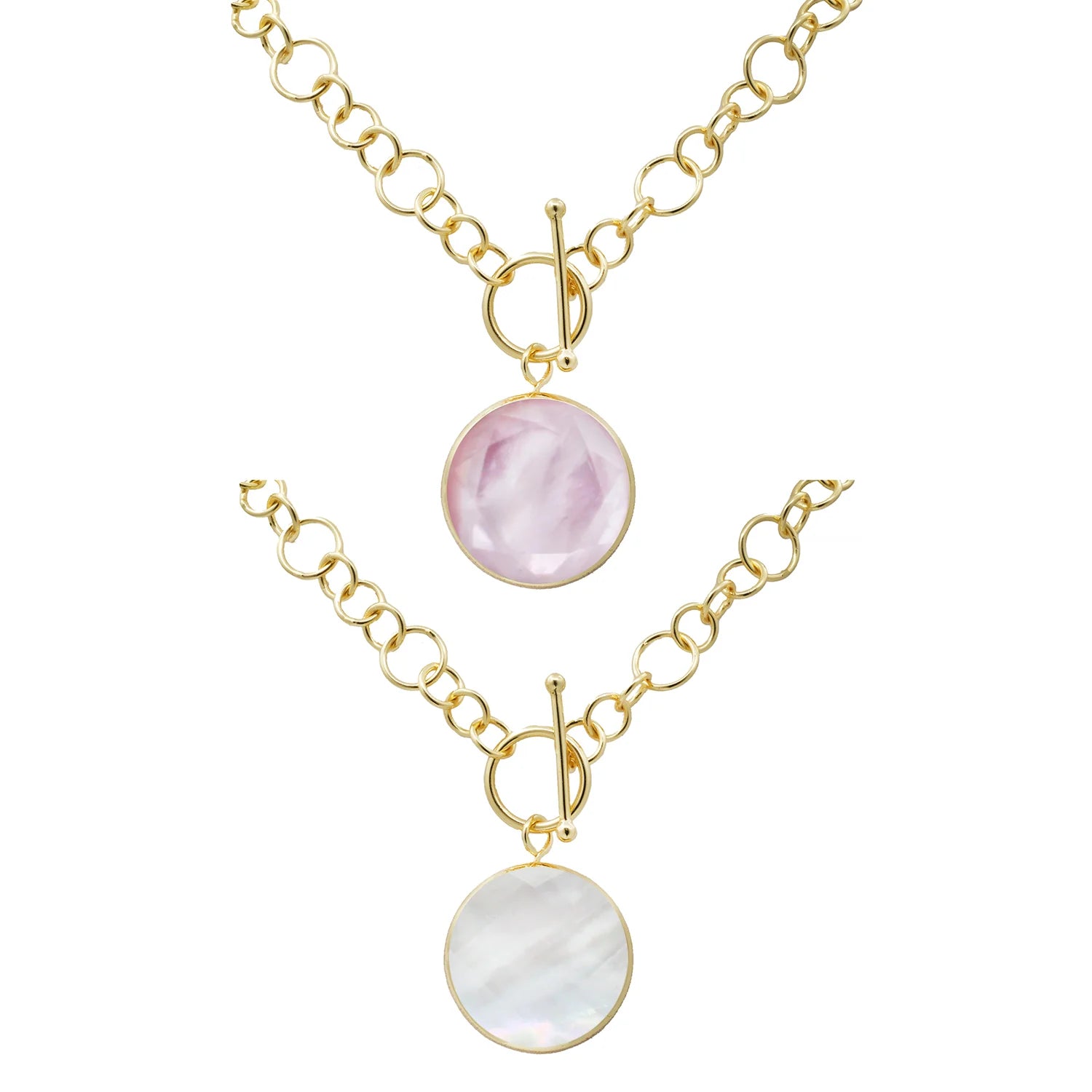 Women’s statement necklaces-Marcia Moran Double Stone Toggle Necklace- Mother of Pearl & Rose Quartz