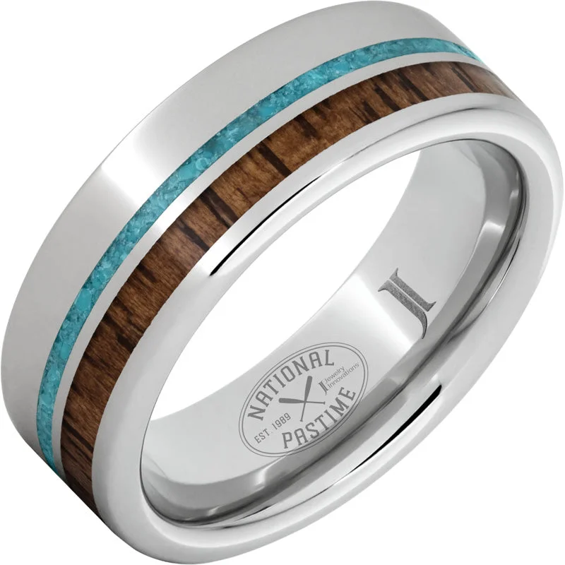 Women’s chunky rings-National Pastime Collection™ Serinium® Ring with Hickory Vintage Baseball Bat Wood and Turquoise Inlays