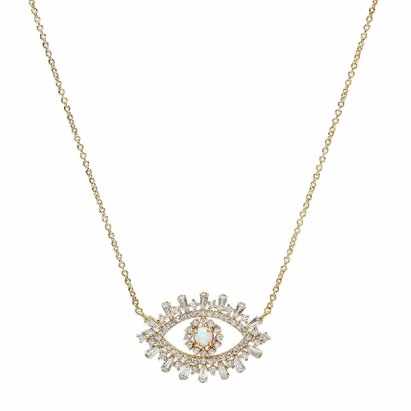 Women’s simple pearl necklaces-TAI   EVIL EYE NECKLACE WITH OPAL CENTER AND BAGUETTE CZ'S