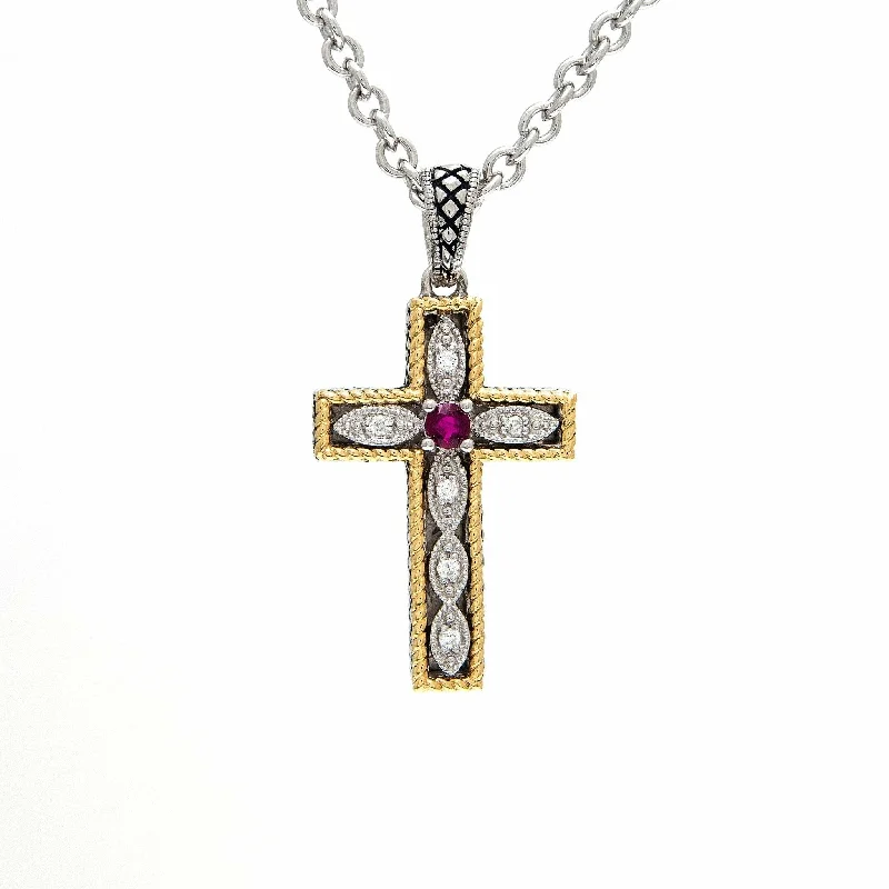 Women’s handcrafted necklaces-Andrea Candela 18K Silver Diamond/Ruby Cross Necklace