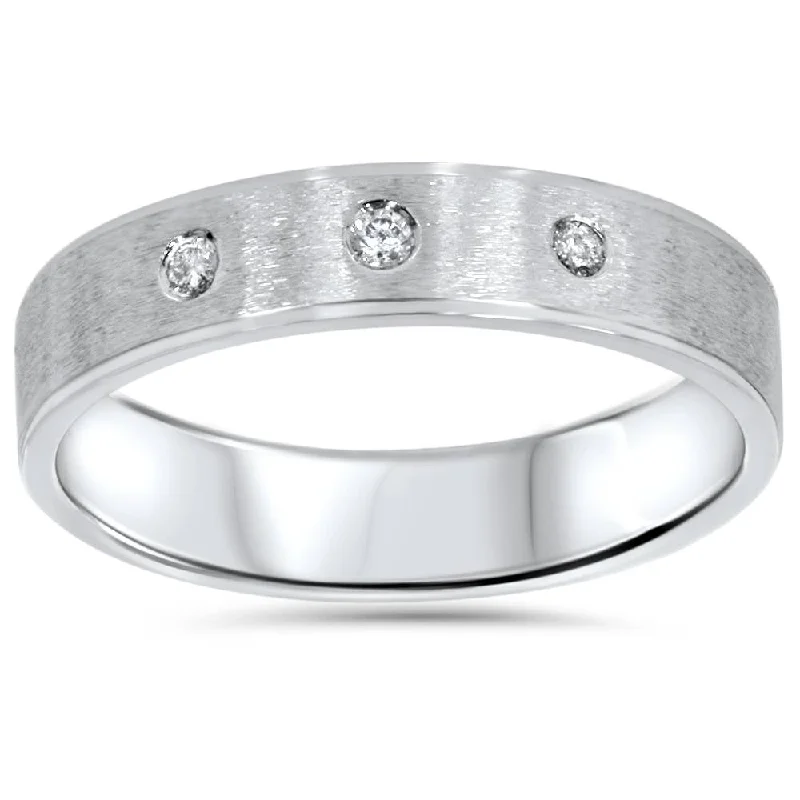 Women’s small diamond engagement rings-Mens White Gold Brushed Diamond Wedding Ring Band