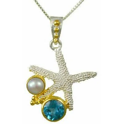 Women’s long chain necklaces-Michou Starfish Blue Topaz Starfish Pendant- Poseiden's Treasures II