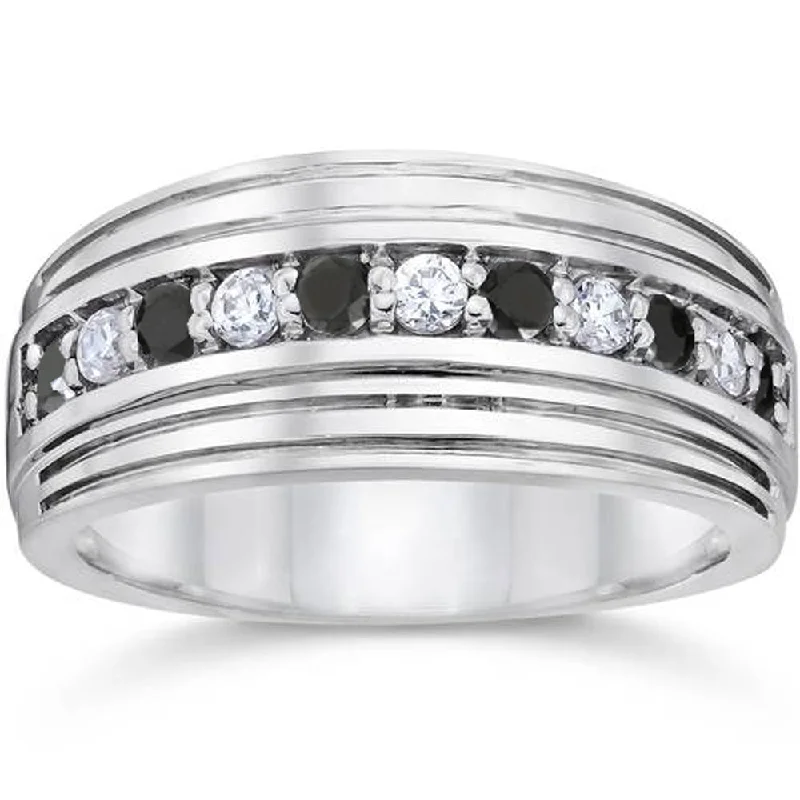 Women’s gold engagement rings-Mens 10k White Gold Alternating Black & White Diamond 1/2ct Wedding Ring