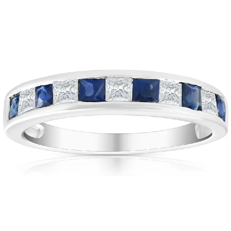 Women’s custom design engagement rings-1 Ct Princess Cut Blue Sapphire & Diamond Ladies Wedding Ring 14k White Gold