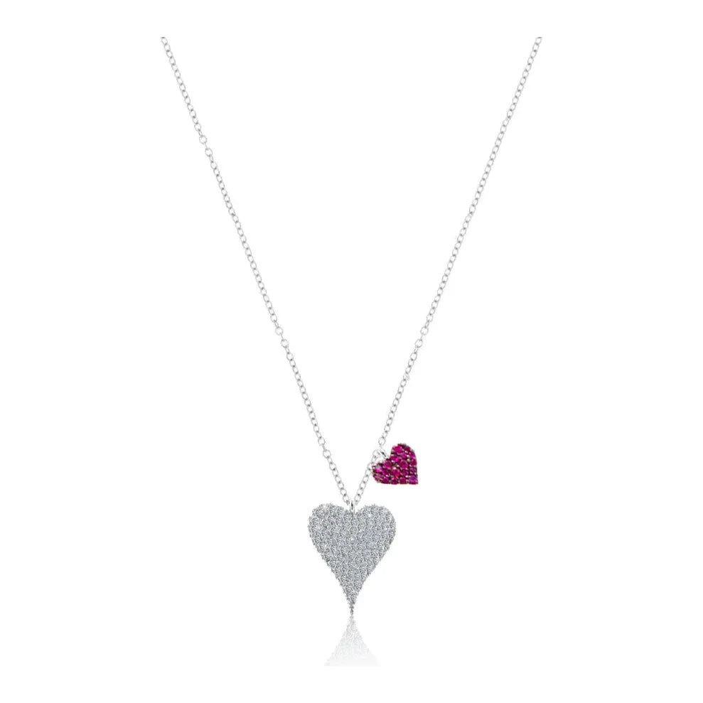 Women’s matching jewelry set necklaces-Meira T Diamond and Ruby Double Heart Necklace -14kt White Gold