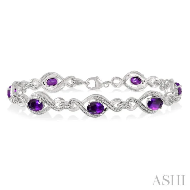 Women’s bangles sets-1/10 ctw Round Cut Diamond & 7x5MM Oval Cut Amethyst Semi Precious Bracelet in Silver