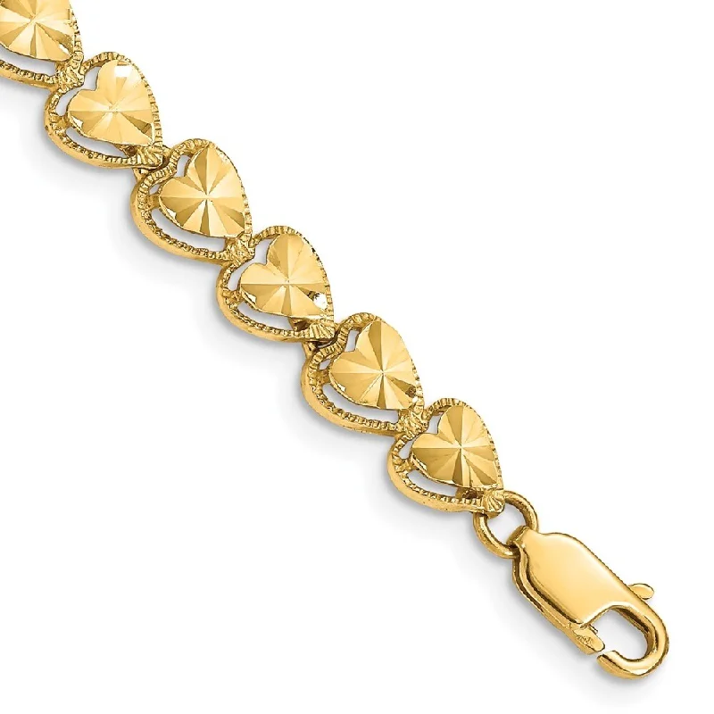 Women’s matching bracelet sets-14k Yellow Gold 7mm Diamond Cut Heart Bracelet, 7"