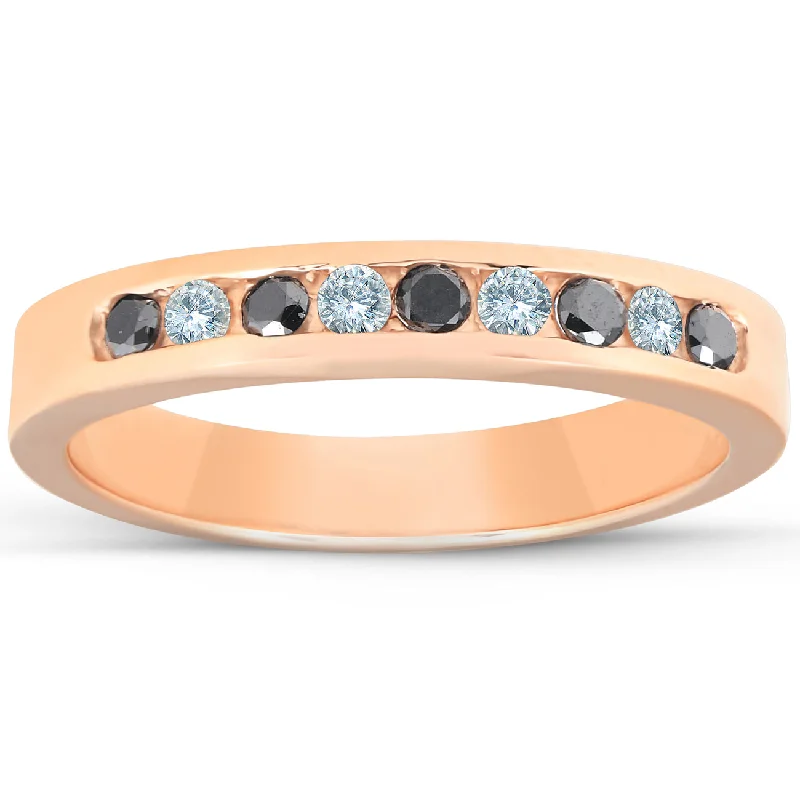 Women’s engagement rings with fancy diamonds-1/4ct Black & White Diamond Ring 14K Rose Gold Womens Wedding Stackable Band