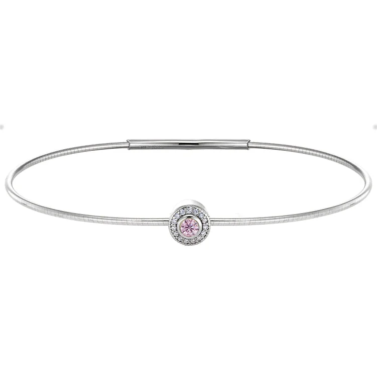 Women’s luxury cuff bracelets-Platinum Finish Sterling Silver Round Simulated Pink Sapphire Birth Gem Bracelet with Simulated Diamonds