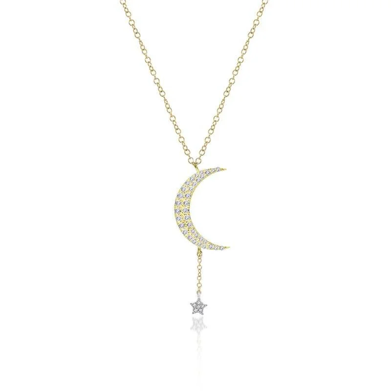 Women’s symbolic necklaces-Meira T Crescent Moon and Star  Diamond  and Yellow Gold Necklace