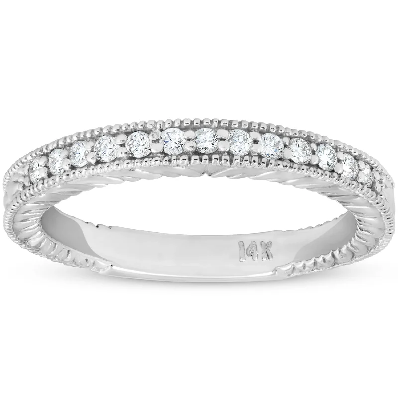 Women’s platinum solitaire engagement rings-1/5ct Diamond Vintage Womens Wedding Ring Stackable 14k White Gold Band