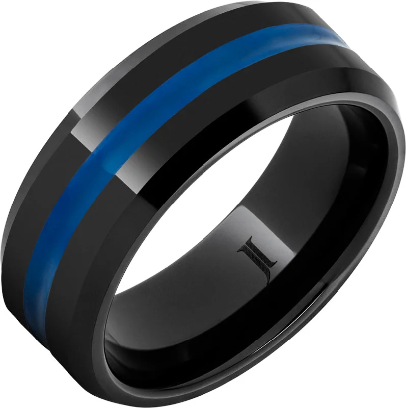 Women’s wedding set rings-Thin Blue Line - Black Diamond Ceramic™ Ring