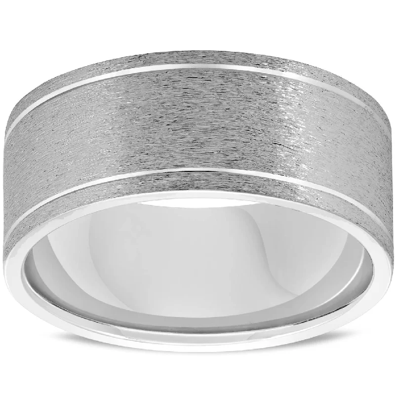 Women’s rustic engagement rings-Mens 14K White Gold Comfort Fit Brushed New Wedding Ring Band Size Selectable