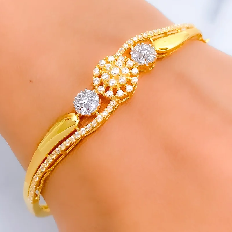 Women’s designer bracelets-Two-Tone Flower Adorned 22k Gold CZ Bangle Bracelet