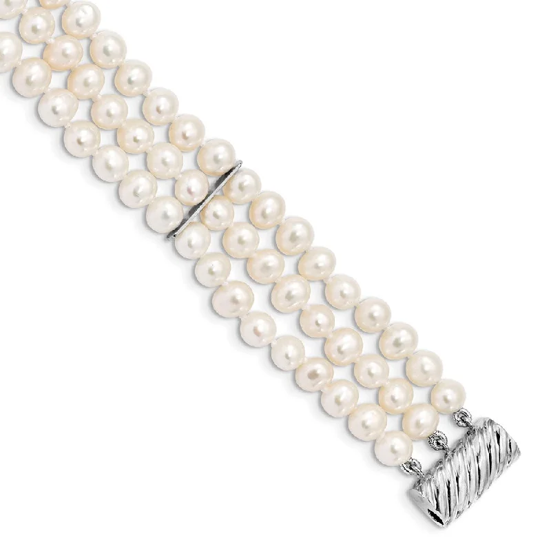 Women’s rose gold bracelets-Sterling Silver RH 6-7mm White FWC Pearl 3 Strand Bracelet-WBC-QH5365-7.5