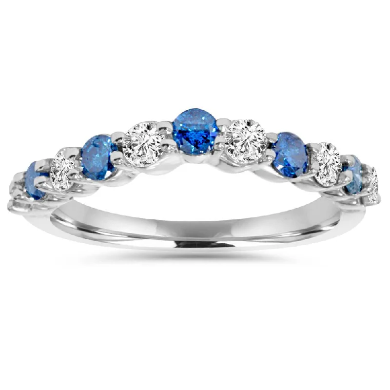 Women’s vintage diamond solitaire engagement rings-.85CT Blue & White Diamond Curved Wedding Ring 14K White Gold