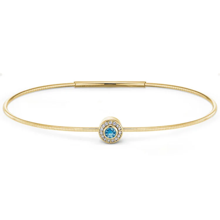 Women’s sterling silver bangles-Gold Finish Finish Sterling Silver Round Simulated Blue Topaz Birth Gem Bracelet with Simulated Diamonds