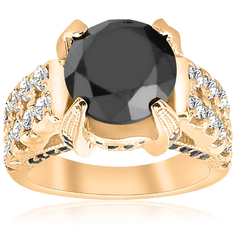 Women’s statement engagement rings-5 5/8ct Black & White Diamond Ring 14K Yellow Gold