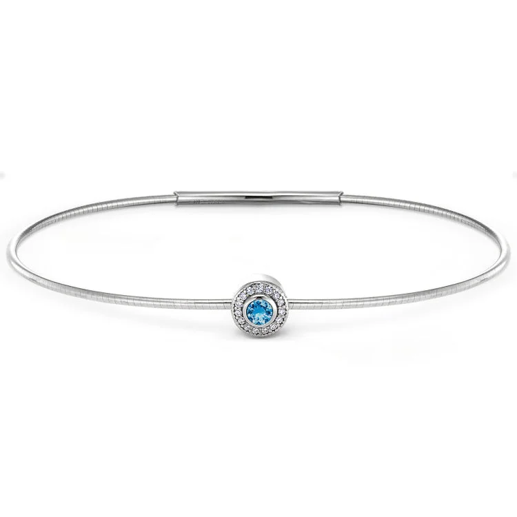 Women’s diamond gold bracelets-Platinum Finish Sterling Silver Round Simulated Blue Topaz Birth Gem Bracelet with Simulated Diamonds