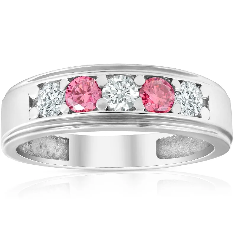 Women’s designer engagement rings-1 Ct T.W. Pink & White Lab Grown Diamond Mens Wedding Ring 5-Stone White Gold