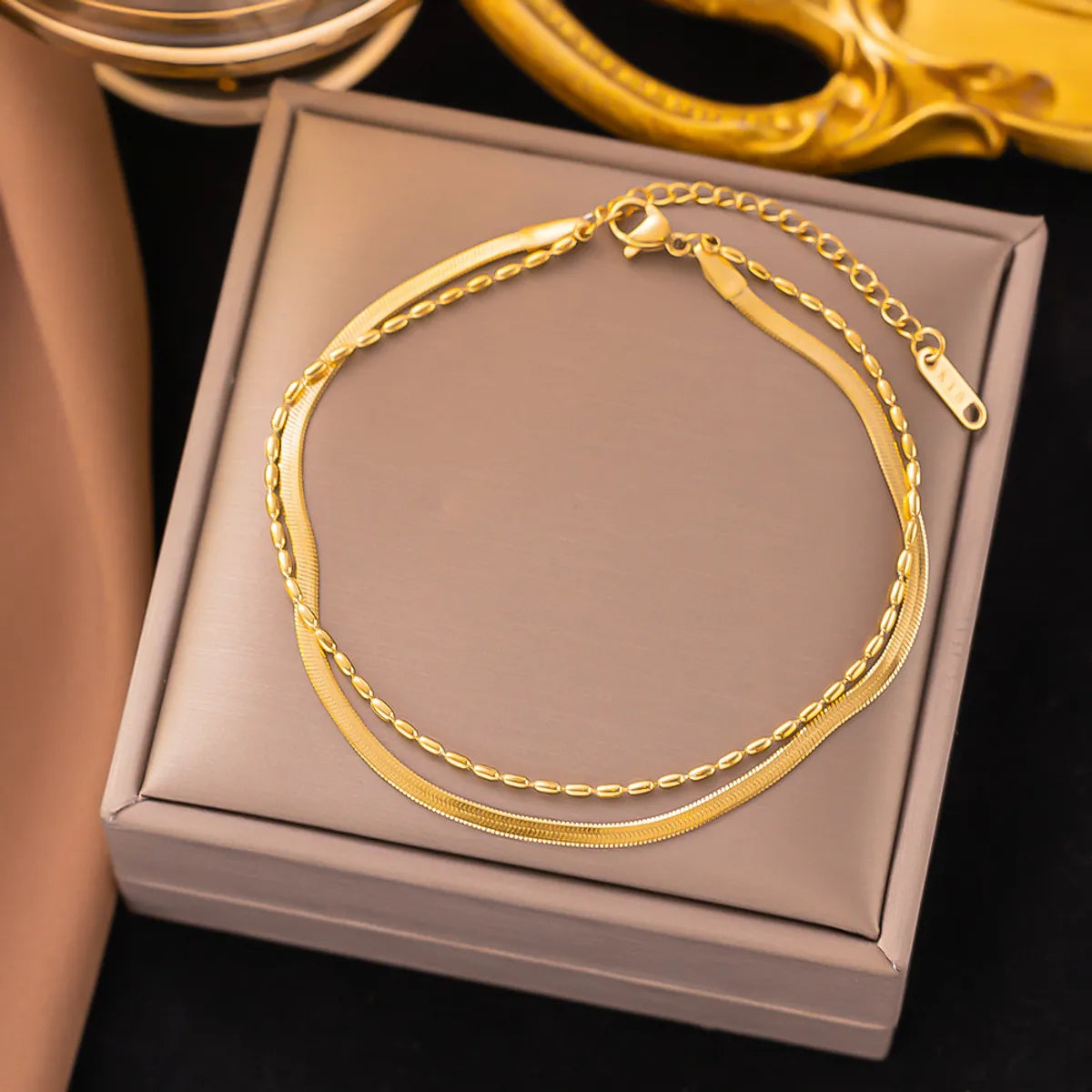 [Sle78] Bead Double Chain Bracelet Gold