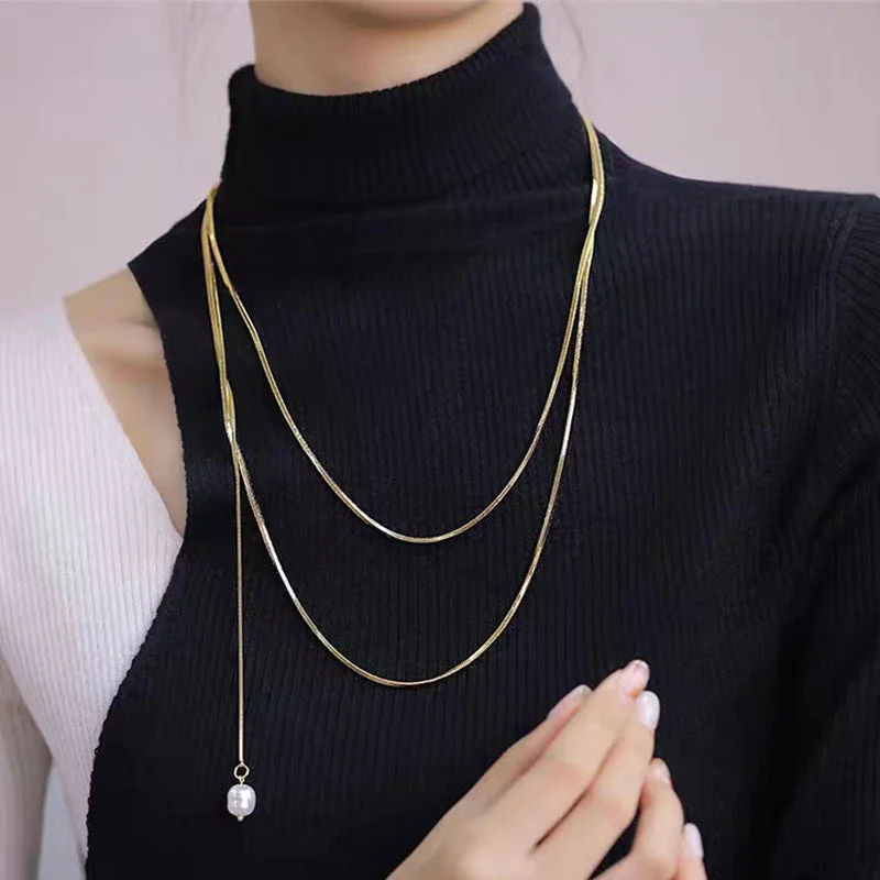 Women’s handmade gold necklaces-Simple Style Geometric Titanium Steel Inlay Artificial Pearls 18k Gold Plated Sweater Chain Long Necklace