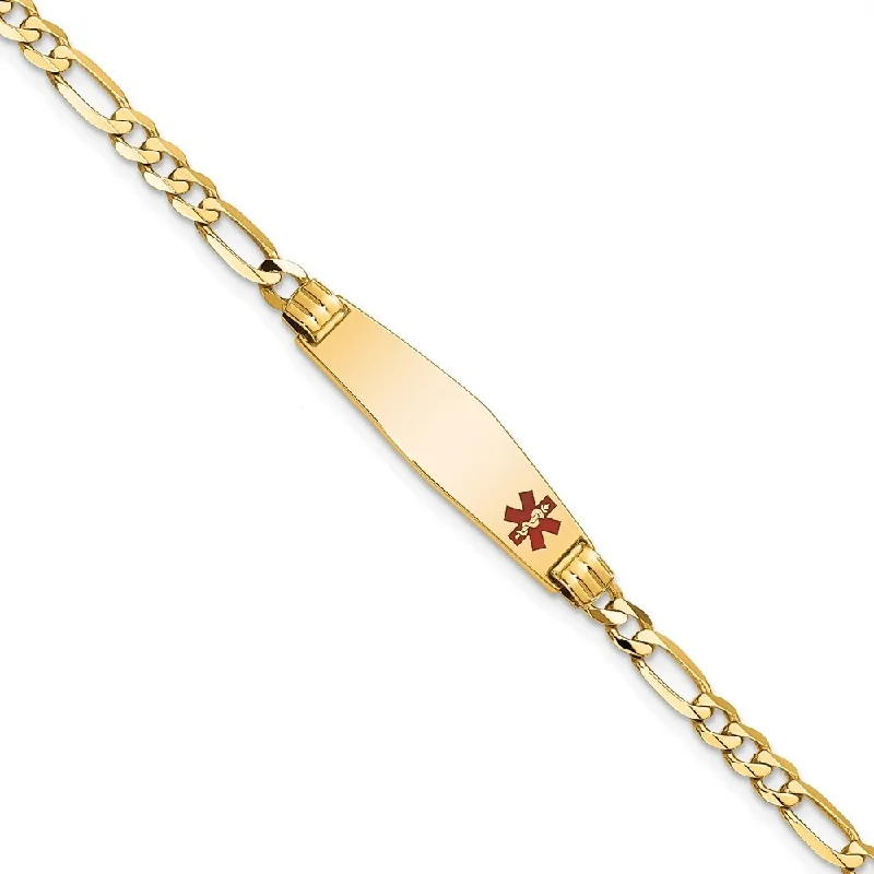 Women’s adjustable bracelets-14k Yellow Gold 7.5mm Medical Soft Diamond Shape Red Enamel Figaro ID Bracelet, 7"