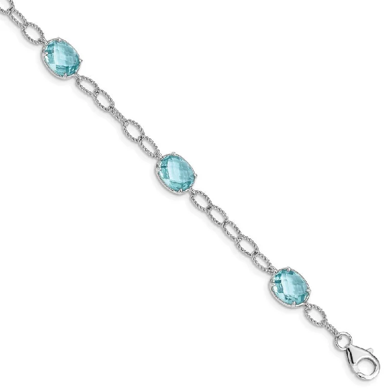 Women’s chunky bracelets-925 Sterling Silver Rhodium-plated Aqua Blue Cubic Zirconia Textured Link Bracelet, 7.5"