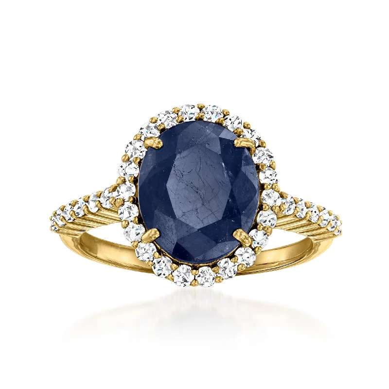 Women’s engraved engagement rings-Ross-Simons Sapphire and . Diamond Ring in 18kt Yellow Gold