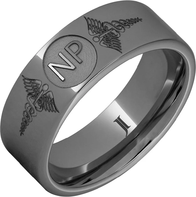 Women’s floral engagement rings-Rugged Tungsten™ Ring With Caduceus - Nurse Practitioner