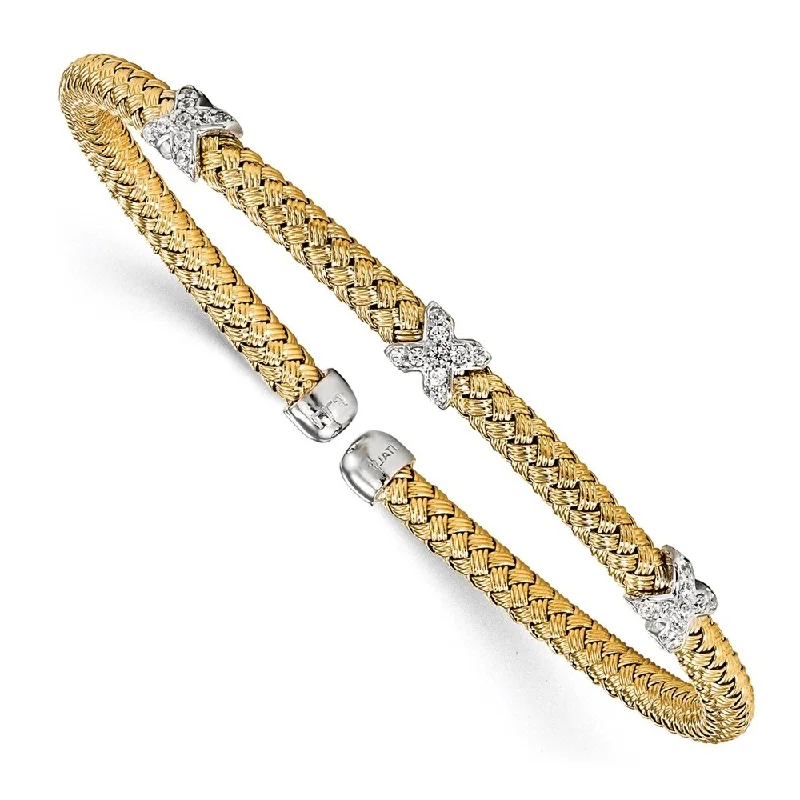 Women’s layered bracelets-925 Sterling Silver Gold-tone Cubic Zirconia Woven Cuff Bracelet, 6.75"