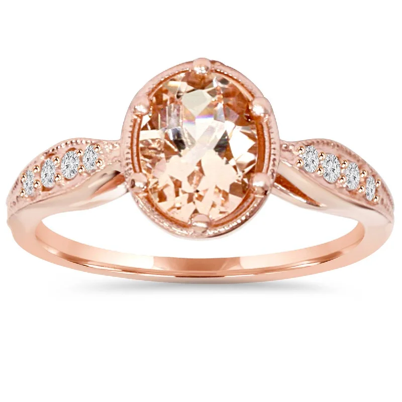 Women’s wedding engagement rings-1ct Vintage Morganite & Diamond Ring 14K Rose Gold