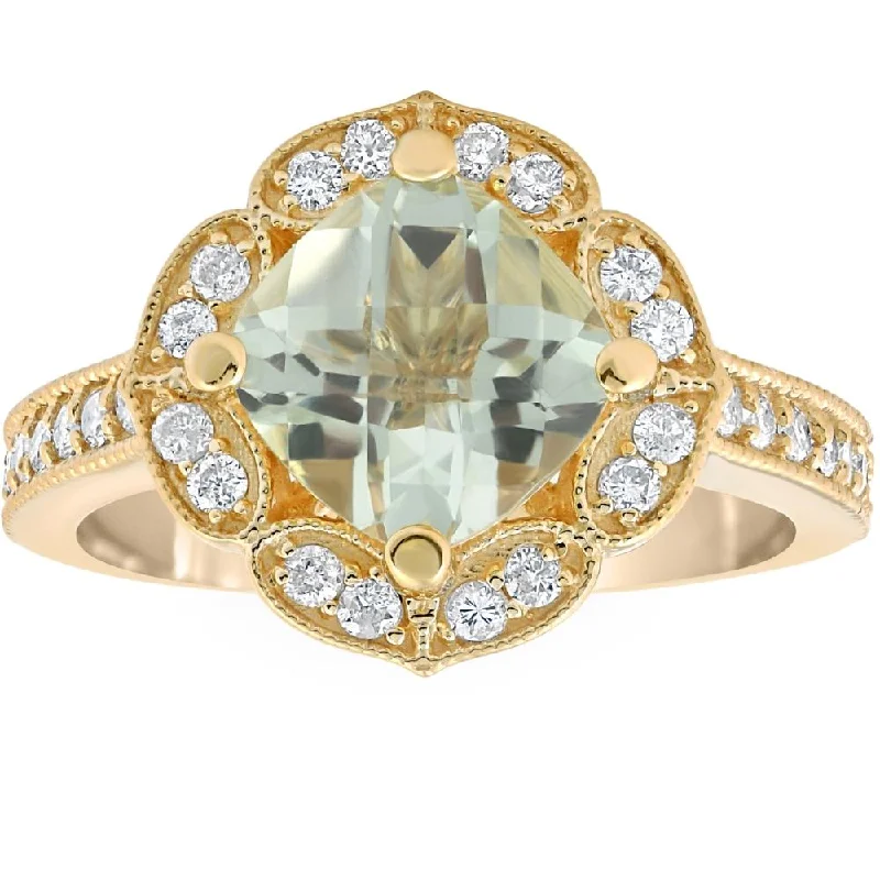 Women’s artistic engagement rings-4 1/2Ct Green Amerthyst Cushion & Diamond Ring in 10k Yellow Gold