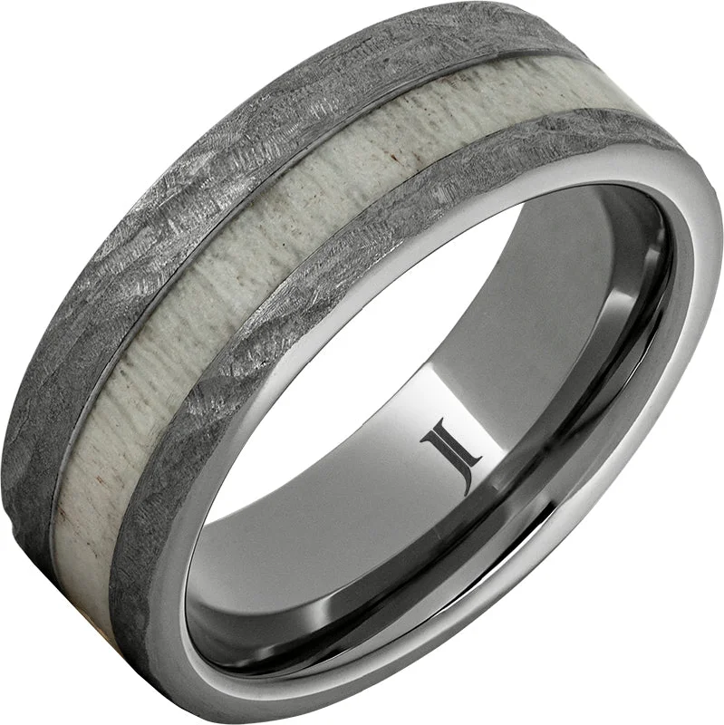 Women’s cocktail party rings-Rugged Tungsten™ Ring with Antler Inlay and Treebark Finish