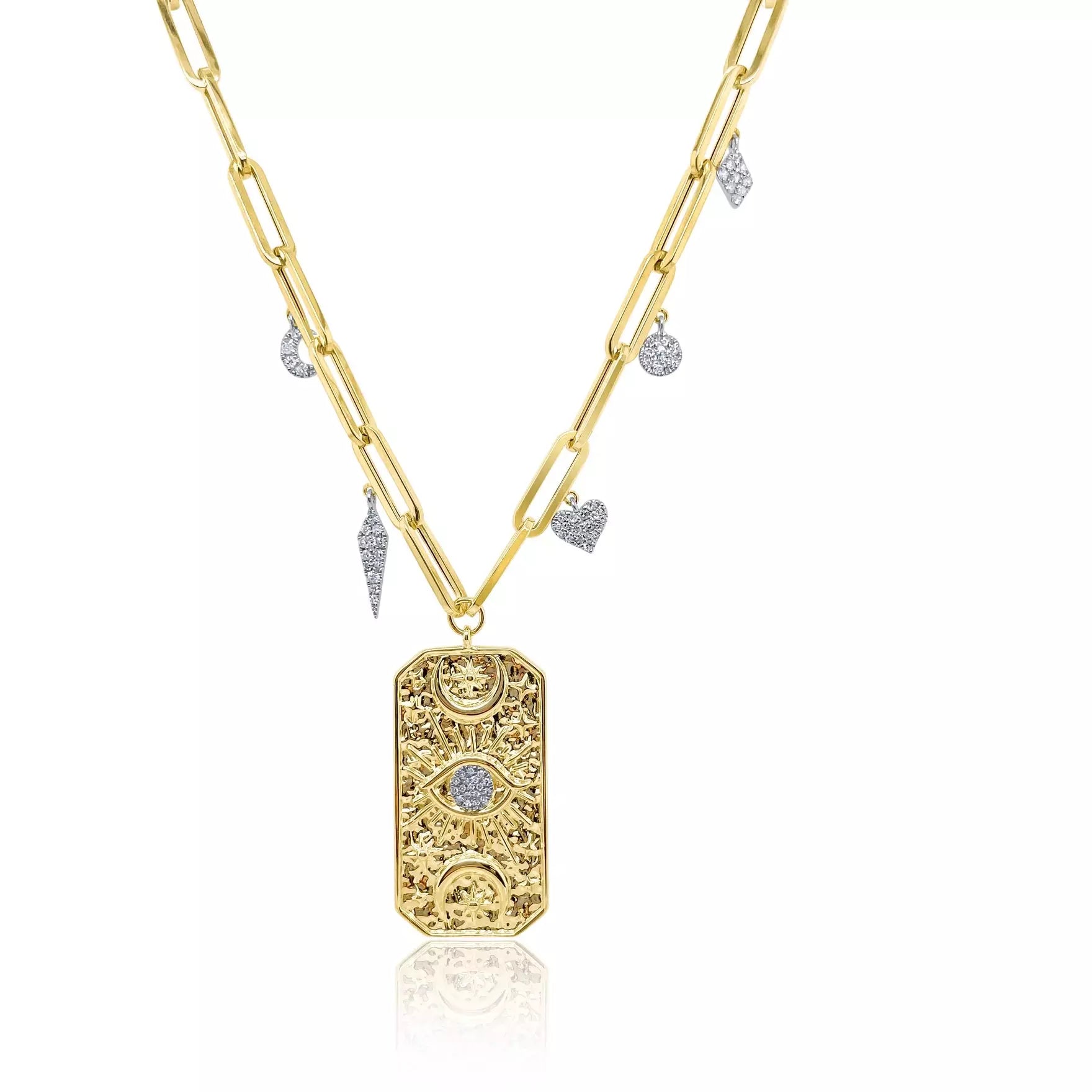 Women’s charm necklaces-Meira T Yellow Gold and Diamond Talisman Eye Pendant with Paperclip Chain