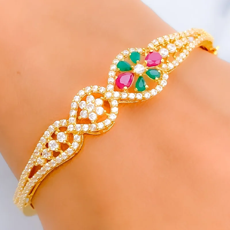 Women’s twisted bracelets-Unique Asymmetrical Floral 22k Gold CZ Bangle Bracelet